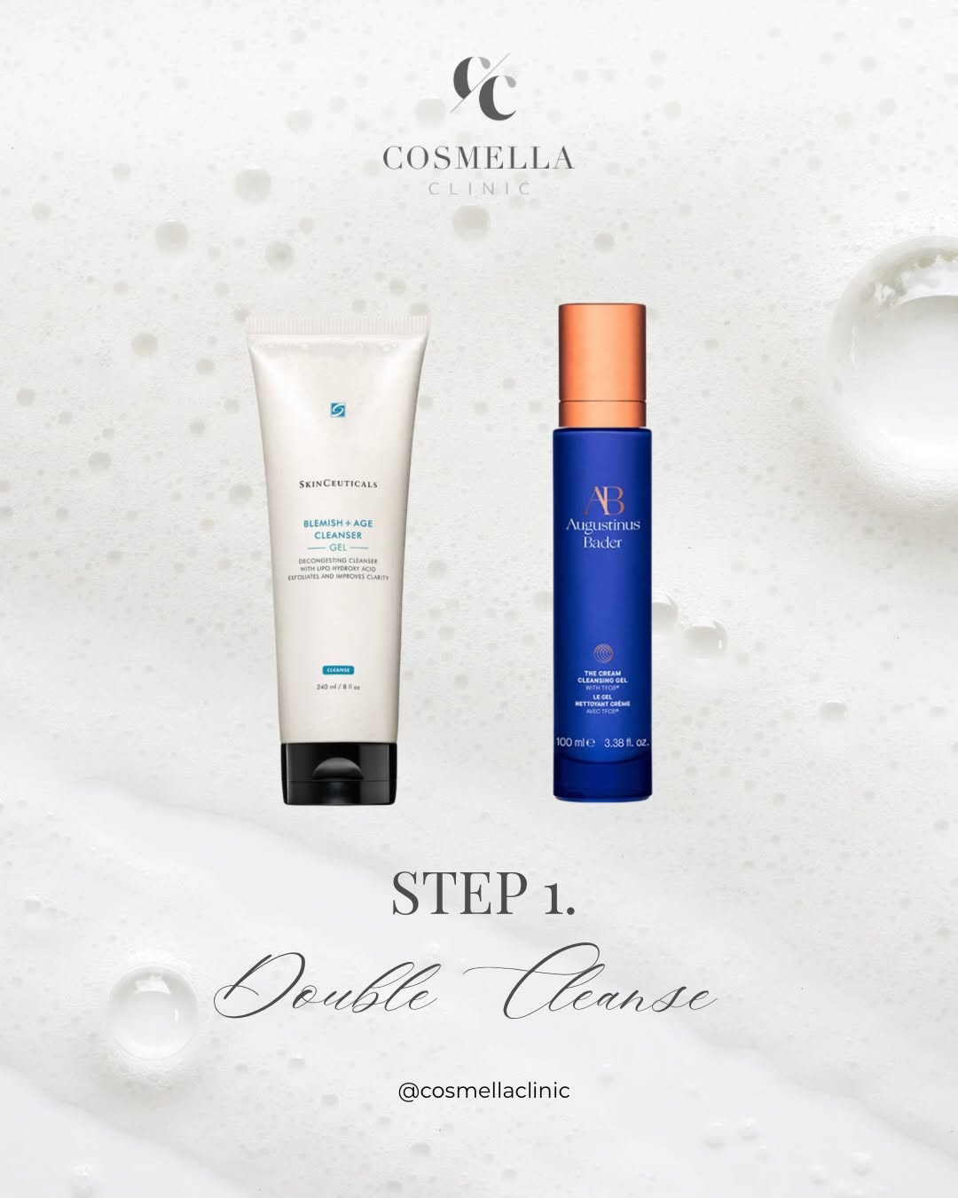 SkinCeuticals Blemish + Age cleanser and Augustinus Bader cream cleansing gel used for the double cleanse step at Cosmella Clinic Glasgow